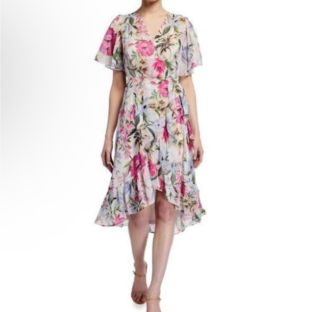 CALVIN KLEIN Women's Chiffon Floral Flutter Sleeves Wrap Ruffle Dress Sz 14 NEW